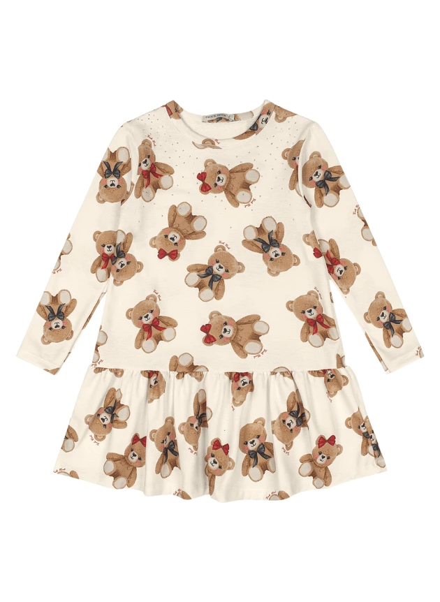 Vestido Manga Longa Ursos- Off White